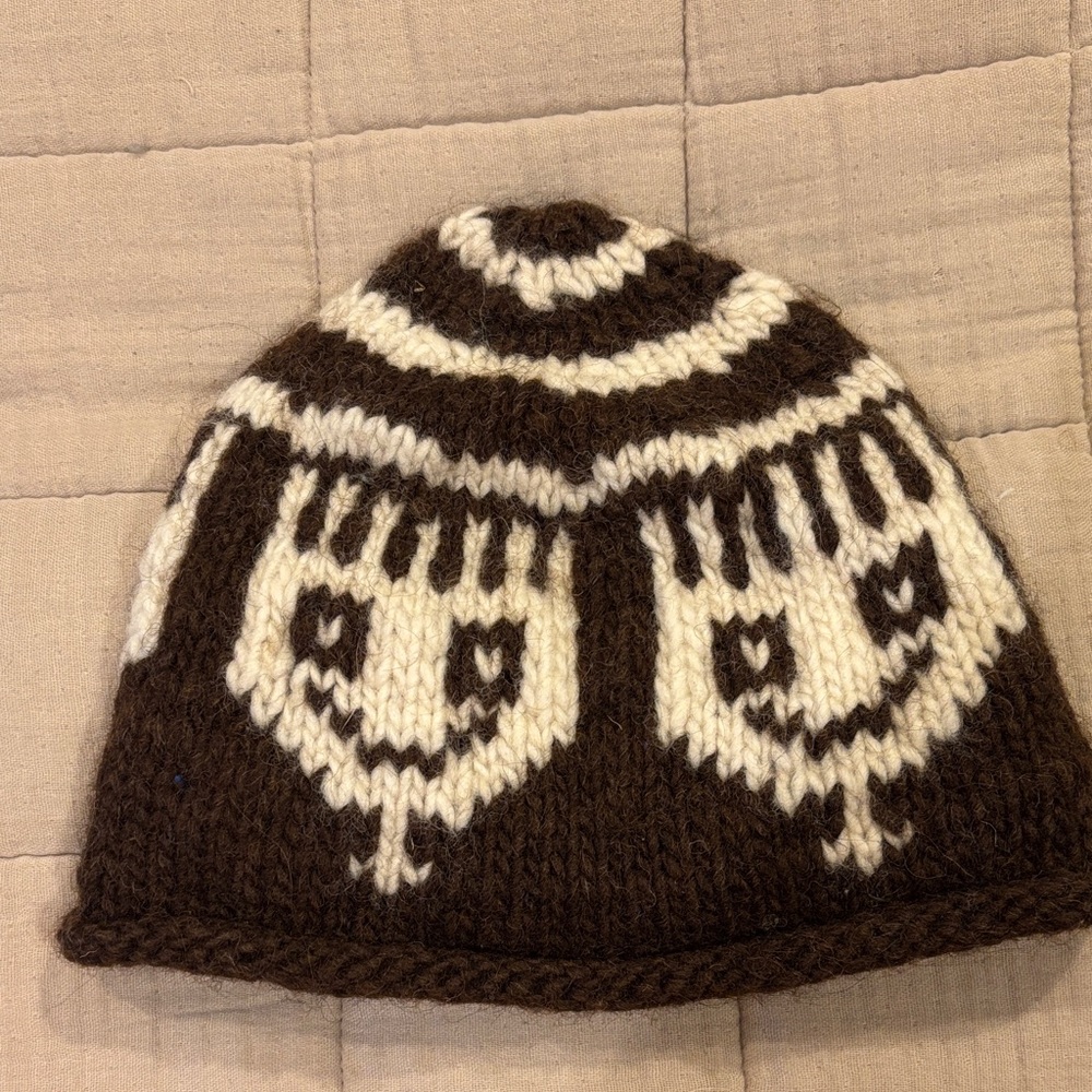 Brown and White Knit Beanie